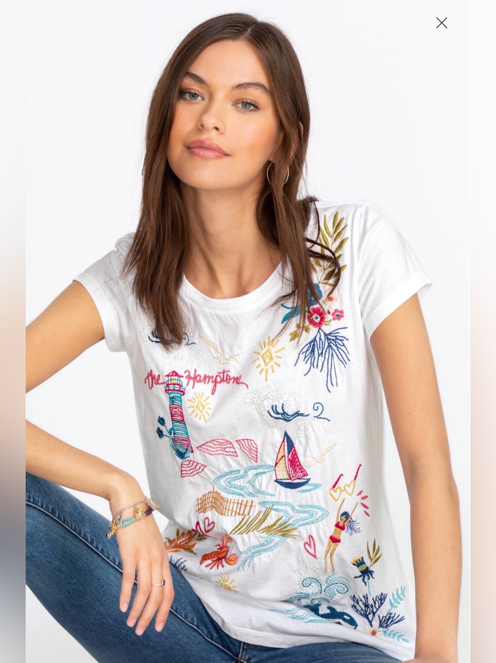 Johnny Was Hamptons Embroidered Cap Sleeve Tee
